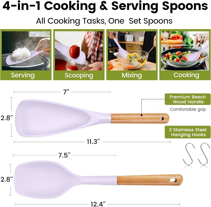 Large Silicone Cooking Spoons Set, 2 Pcs Heat Resistant Serving Spoon, Multifunction Nonstick Spatula Spoon for Mixing, Stiring, Basting, Scooping,Scraping (Lilac Dream)