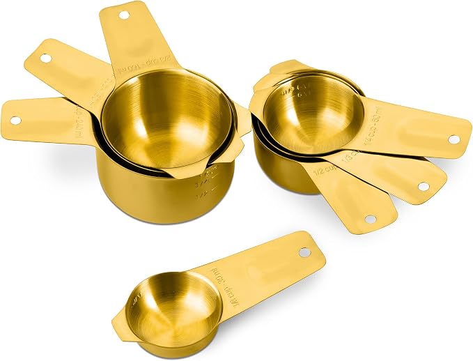 7-Piece 18/8 Stainless Steel Measuring Cups Set, Gold | Includes 1/16, 1/4, 1/3, 1/2, 2/3, 3/4 and 1 Cup, Engraved US and Metric Markings, Pour Spouts and Ring Connector