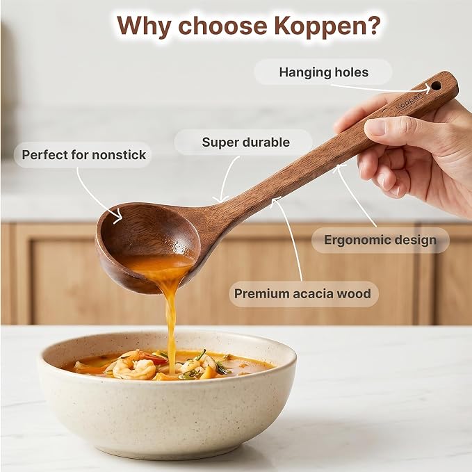 Koppen Dishwasher Safe Wooden Set, Durable Acacia Wood Ladel and Soup Spoon for Nonstick Cookware, Non Toxic, Heat Resistant, Smooth Grip, 2 Piece Set
