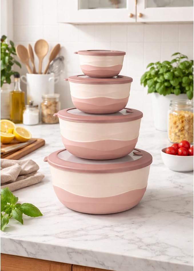 Pera Mixing Bowls with Lids, 8-Piece Airtight Leak-Proof Nesting BPA-Free Prep Bowl Set for Kitchen & Food Storage, Large 4200ml Capacity, Microwave & Dishwasher Safe(Pink)