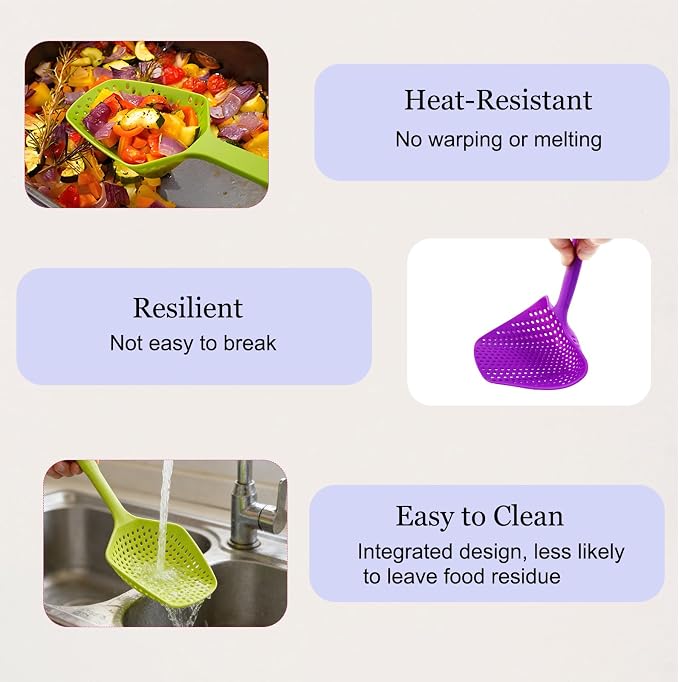 SEIWEI Large Strainer Spoon, Long Handle Tool Colander Draining Scoop, Heat-Resistant Pasta Strainer Cooking Kitchen for Spaghetti, Noodles, Veggies, Non-Slip Grip & Hanging Loop, 13.5'', Rose Red