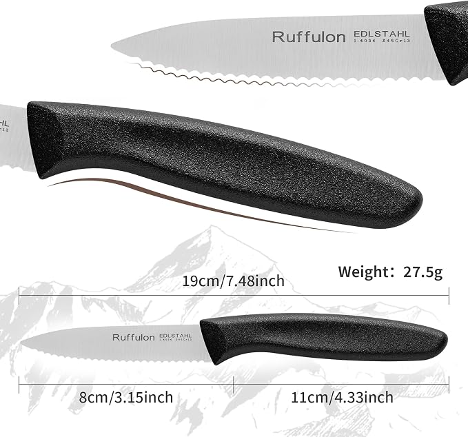Stainless Steel Paring Knife With Serrated Blade, 6 Pieces Set Vegetable and Fruit Knife, Ultra Sharp Small Kitchen Knife, Black Paring Knifves with PP Plastic Ergonomic Handle.