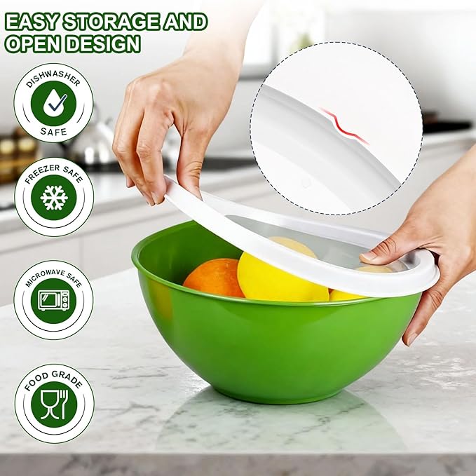 Greentainer Plastic Mixing Bowls with Lids Set for Kitchen, 6 Set Nesting Bowls for Mixing, Baking, Prepping, Cooking and Serving Food, Mixing Bowls Dishwasher, Microwave Safe