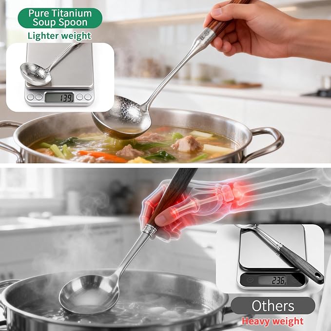 Newness Soup Ladle and Solid Turner, Pure Titanium Soup Spoon and Turner | [Rustproof, Heat Resistance] Resilient, with Long Ergonomic Natural Wooden Round Handle, Non-Toxic Cooking Spoon for Kitchen