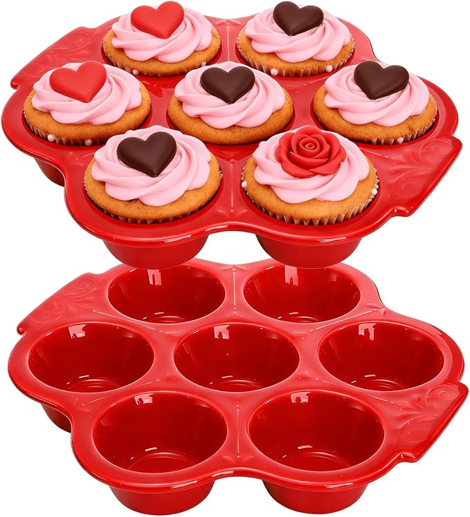 Youeon 2 Pack Red Ceramic Muffin Pans, 7 Cup Nonstick Cupcake Baking Pans with Floral Handles, Oven & Dishwasher Safe Muffin Tins for Muffins, Cupcakes, Mini Cheesecakes, Holiday Baking Gift