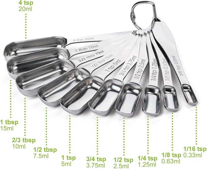 FANGSUN Narrow Measuring Spoons Set of 10, Heavy-Duty Stainless Steel Measuring Spoons with Long Handles & Engraved Measurements, Fits in Spice Jars, for Baking & Cooking