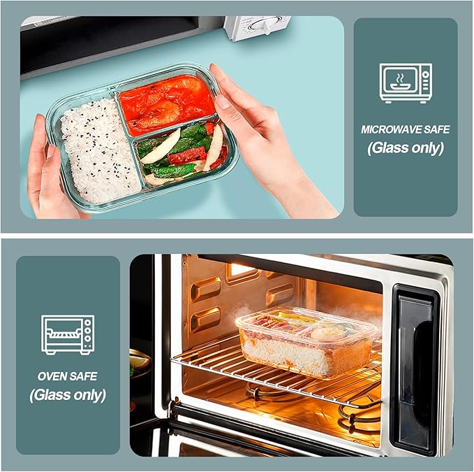 Glass Meal Prep Containers 3 Compartments, 5 Pack 36 oz | Glass Food Storage Containers with Lids, Airtight Lunch Bento Box, Portion Control, Freezer and Microwave Safe
