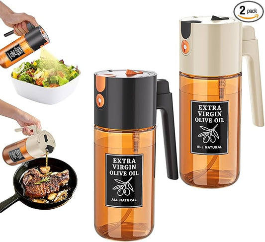 2-Pack 2-in-1 Oil Sprayer & Dispenser Dark Glass Fine Mist No-Drip | Two 500ml dark glass bottles for family cooking, meal prep & oils; food-safe, 304 filter, wide-mouth refill/cleaning.