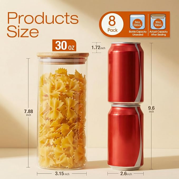 HomArtist Glass Jars with Bamboo Lids 28 floz [Set of 8], Glass Canisters with Airtight Lids, Glass Food Storage Containers for Pasta, Oats, Coffee, Flour, Sugar, Rice, Best for Kitchen & Pantry | Pantry Jars for Pasta, Rice, Sugar & Flour, Durable Bor...