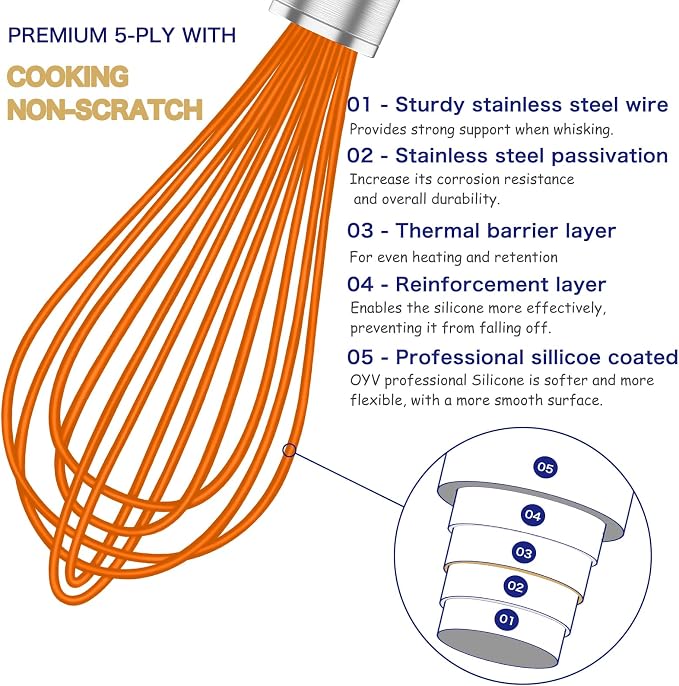 OYV Orange Silicone Whisk, Professional Whisks For Cooking Non-Scratch, Stainless Steel & Silicone Wisk, Plastic Rubber Whisk Tool For Nonstick Cookware Pans, BPA free, Silicon Wisks Set of 3