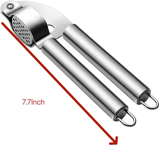 Stainless Steel Garlic Press & Ginger Crusher with Peeler Tube - Heavy Duty Metal Mincer for Garlic, Ginger, Nuts - Dishwasher Safe, Includes Cleaning Brush & Silicone Peeler