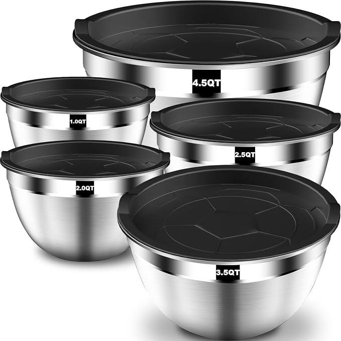DUTZUN Stainless Steel Mixing Bowls with Airtight Lids Set of 5, Black | Kitchen Appliances Essential Gifts for Mixing, Baking, Prep, Salads, Serving, Cooking