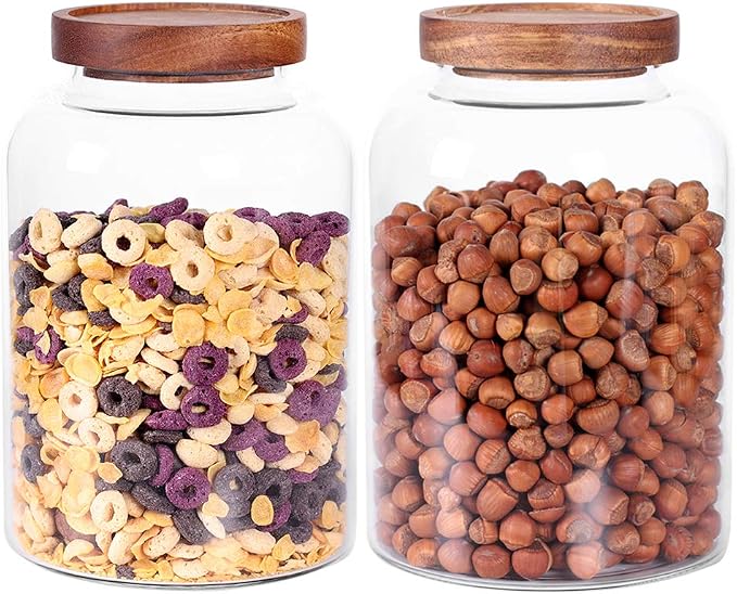 LEAVES AND TREES Y Thicken Glass Storage Jar, Food Storage Container/Canisters with Airtight Wooden Lid for Tea, Coffee, Honey, Cacao Powder,BPA Free Perfect as a Cereal Dispenser (7.6inch 2pcs)
