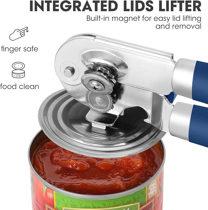 UHIYEE Classic Manual Can Opener for Home Kitchen, Durable 420J2 Stainless Steel Handheld Opener with Magnetic Lid Lifter & Easy-Turn Oversized Knob for Arthritis, Blue