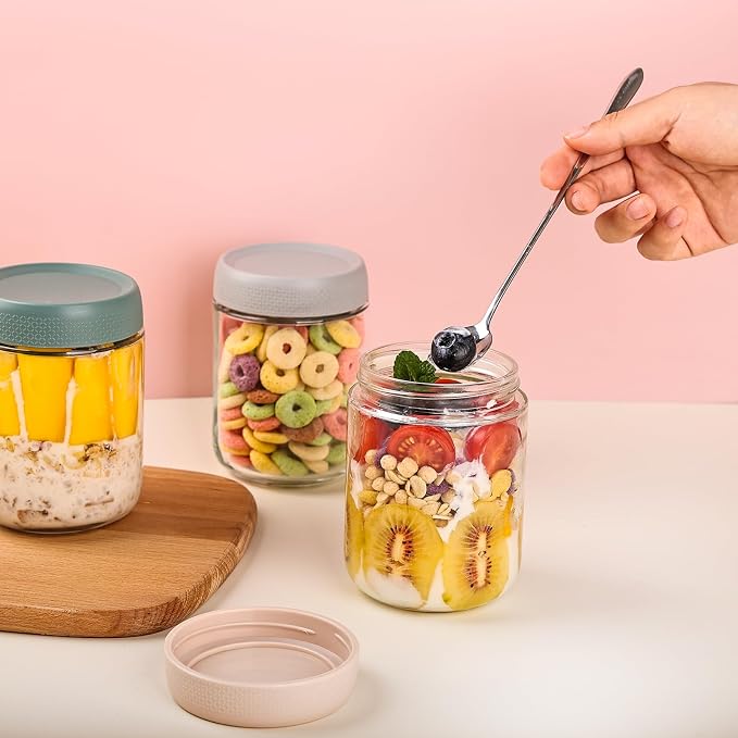 YUNCANG 6-pack Overnight Oats Containers with Airtight Lids, 16 oz Wide Mouth Mason Salad jars, Glass Food Storage Containers for Sugar Spice Yogurt Snacks