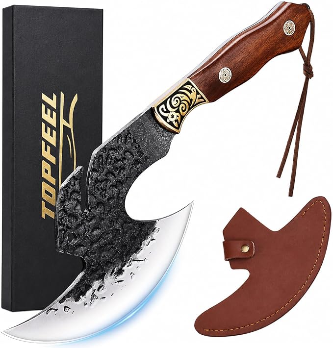 Topfeel Hand Forged Viking Knife 6.2" Meat Cleaver with Sheath, Chinese Kitchen Axe Boning Knife for Meat Cutting, High Carbon Steel Butcher Knife Home Outdoor BBQ Camping Birthday Gifts for Men Dad