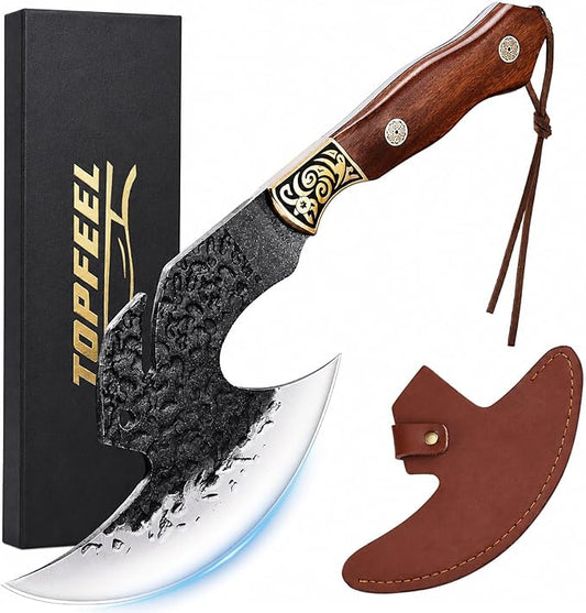 Topfeel Hand Forged Viking Knife 6.2" Meat Cleaver with Sheath, Chinese Kitchen Axe Boning Knife for Meat Cutting, High Carbon Steel Butcher Knife Home Outdoor BBQ Camping Birthday Gifts for Men Dad