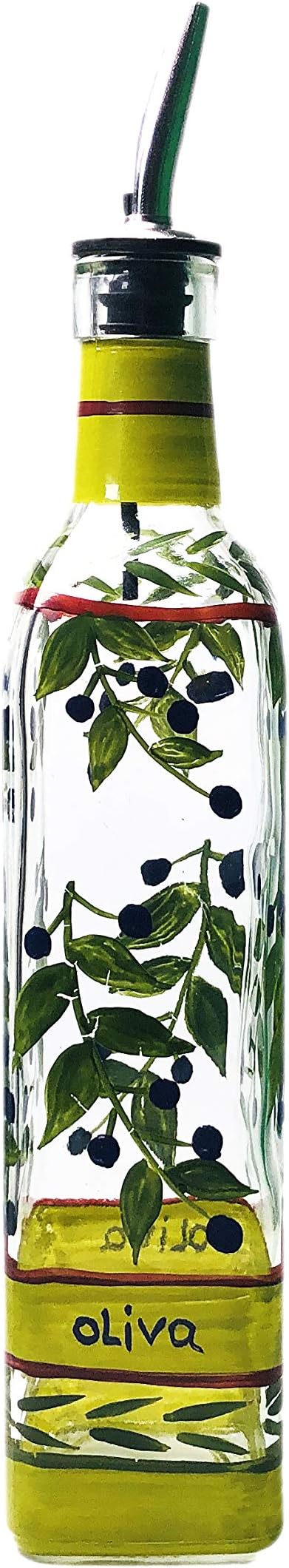 Hand Painted Glass Oliva Branch Oil/Vinegar Glass Cruet for Kitchen, 16 oz Olive Oil Dispenser With Stainless Steel Spout for Easy Pouring