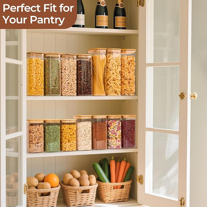 ComSaf Glass Storage Containers wtih Lids 1.4 Qt, Set of 3 Galss Jars | Glass Pantry Storage Containers, Square Kitchen Canisters, Lid with Silicone Seal, Cookie, Cereal, Coffee, 44oz, BPA Free