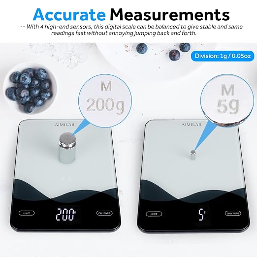 AIMILAR USB-C Rechargeable Kitchen Scale 22lb Tempered Glass Touch LED | USB-C rechargeable kitchen scale, 22lb/10kg, touch LED, 4 units & auto shut off for baking meal prep