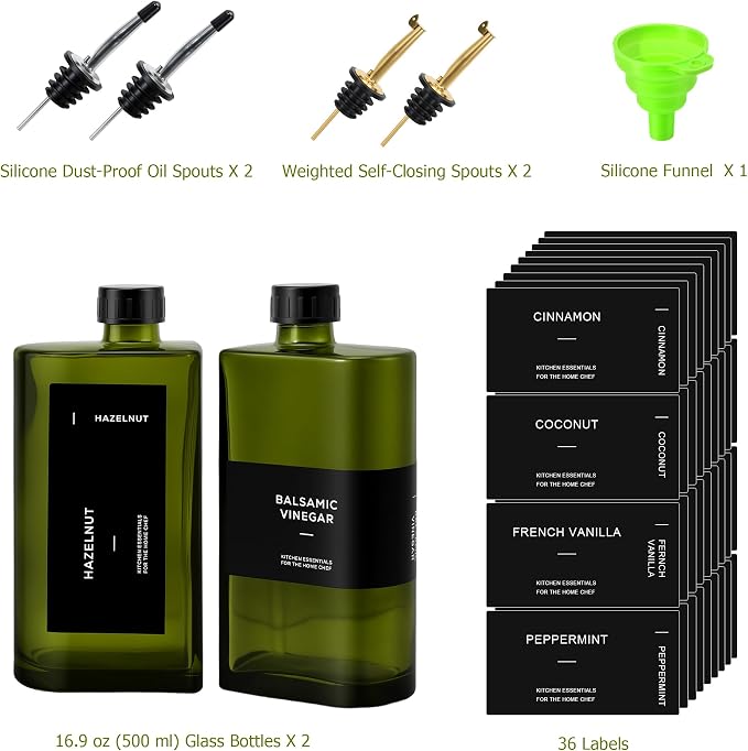 R DRURLCD 2 Pack UV-Protected Green Glass Olive Oil Dispenser Bottle Set,17 oz Curved Oil and Vinegar Stainless Steel Pourers,Funnel,Labels, Soy Sauce, Coffee Syrup Bottles for Kitchen