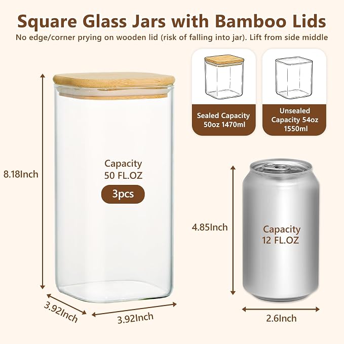 KEYWING 50oz Glass Storage Containers with Airtight Lids for Pantry, 3 Pack | Square Glass Jars with Bamboo Lids, Pantry Storage Canister for Flour, Sugar, Cereal, Coffee Beans, Pasta, Cookies & Tea