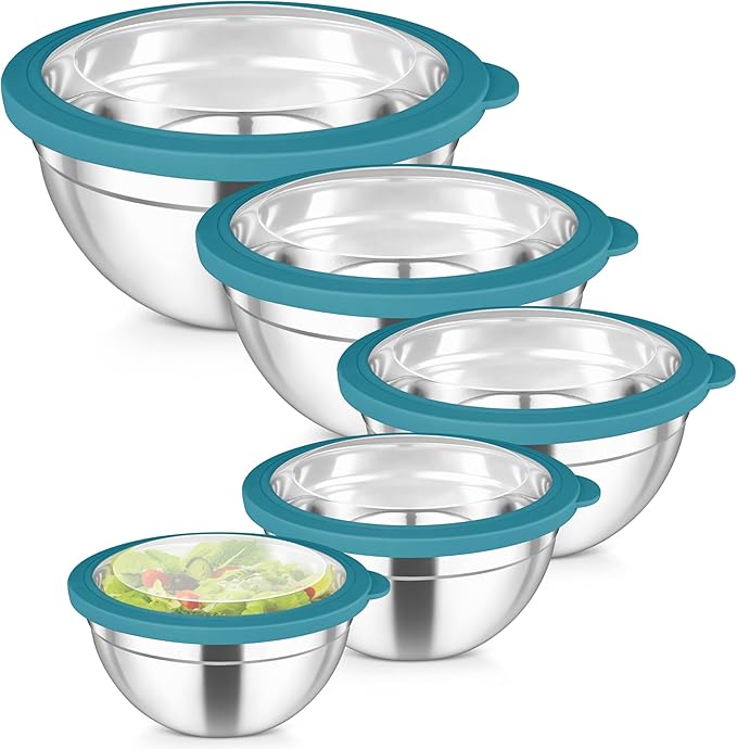 TeamFar Mixing Bowls Set, Stainless Steel Salad Bowl with Lids, Dark Blue | 4.5/3/1.5/1/0.7 QT, Metal Nesting Bowls with Visible Airtight Lids, For Serving/ Mixing/ Storing, Dishwasher Safe, Set of 5