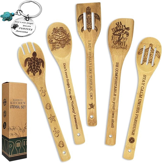Sea Turtle Gifts for Women 6PCS Unique Sea Turtle Print Bamboo Spoons Gifts Set with Keychain Sea Turtle Decor Kitchen Gifts for Mom Bestie Teacher