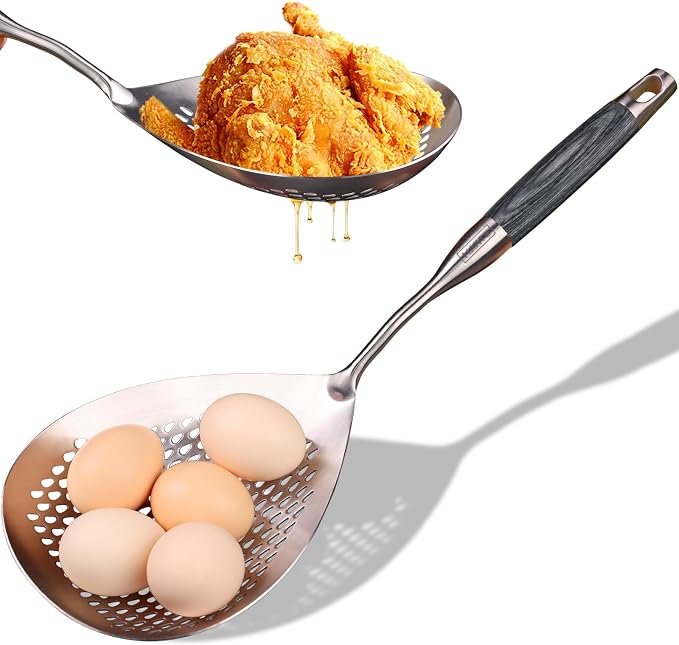 MARTE Skimmer Slotted Spoon -17in 304 Stainless Steel Pasta Spider Strainer Skimmer Ladle Spoon for Cooking and Frying - Large Kitchen Metal Scoop Colander Strainer Spoon with Black Wooden Handle