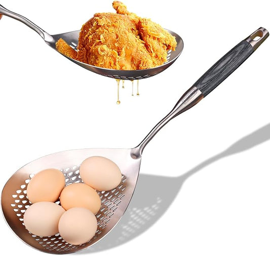 MARTE Skimmer Slotted Spoon -17in 304 Stainless Steel Pasta Spider Strainer Skimmer Ladle Spoon for Cooking and Frying - Large Kitchen Metal Scoop Colander Strainer Spoon with Black Wooden Handle