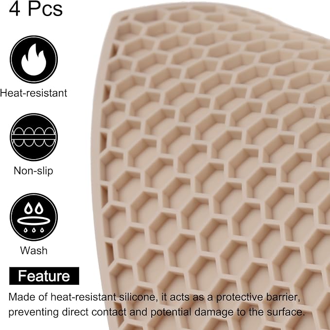 uxcell 4pcs Silicone Trivet Mats Heat Resistant Silicone Pot Holders for Hot Pots and Pans, Non-Slip Hot Pads for Kitchen Hot Dishes Table Countertops, Beige(Hexagonal)