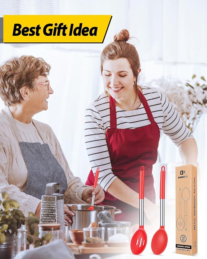Pack of 2 Large Silicone Cooking Spoons,Non Stick Solid Basting Spoon,Heat-Resistant Kitchen Utensils for Mixing,Serving,Draining,Stirring (RED)