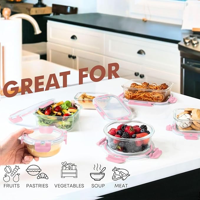 Razab 30 PC Glass Food Storage Containers with Lids - Reusable Glass Meal Prep Containers for Lunch and Leftovers - Airtight & Leakproof Snap Locking Lids - Oven, Freezer, Microwave, Dishwasher Safe