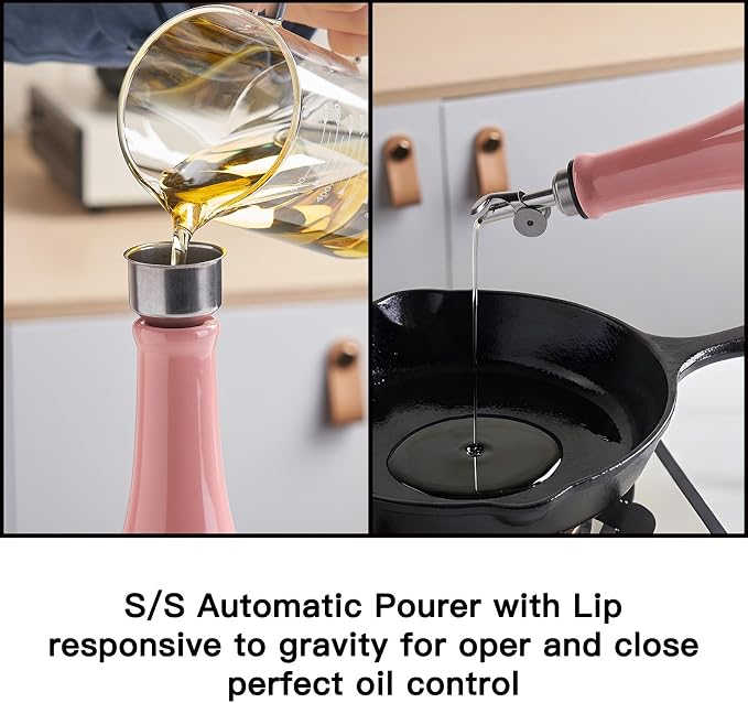 YOLIFE Olive Oil Dispenser Bottle, 17oz/500ml Ceramic Oil Bottle (Pink) | Oil Dispenser with Gravity Spout, Leak Proof EVOO Dispensing Bottle with 2 Spouts and 1 Funnel for Vinegar, Kitchen