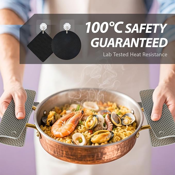 4 Pack Silicone Hot Pads & Pot Holders - Heat Resistant Non-Slip Mats for Kitchen Countertops, Trivets for Hot Pots, Dishwasher Safe & BPA-Free (Black)