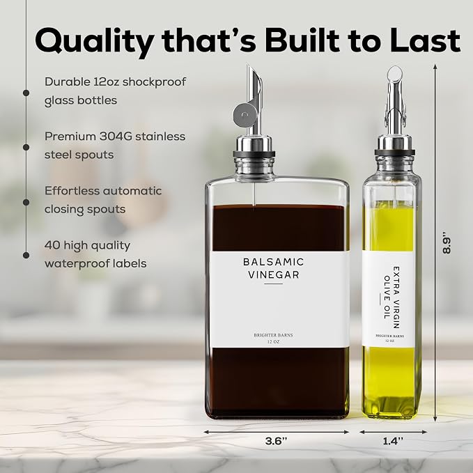 Glass Olive Oil Dispenser Bottle for Kitchen by Brighter Barns - Oil and Vinegar Dispenser Set, Coffee Syrup Bottles - Modern Decor for Restaurants, Coffee Station Accessories (Clear/Silver, Set of 2)