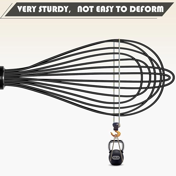 TEEVEA Silicone Whisk 11 Inch, Nonstick Heat Resistant for Cooking Baking | Black, food grade, dishwasher safe, stainless steel core, non-scratch, balloon shape, handheld, kitchen egg & batter mixing