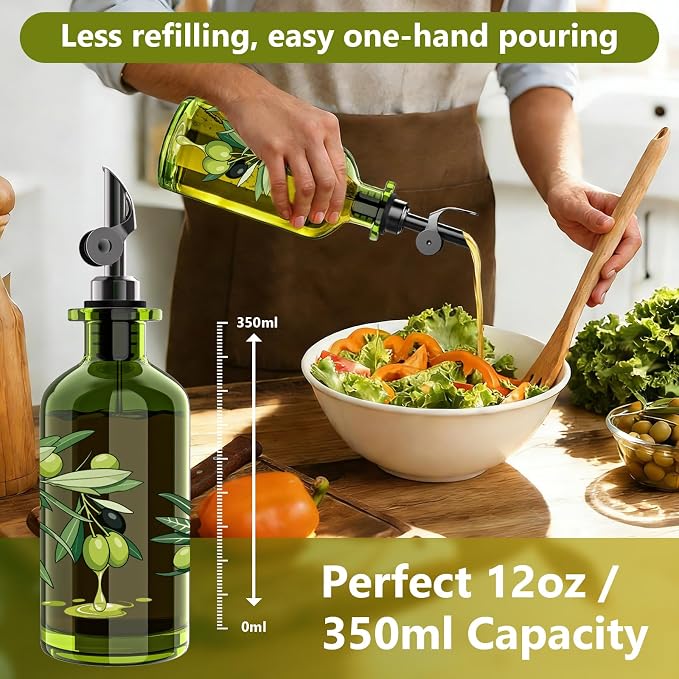 Olive Oil Dispenser Bottle for Kitchen, 12oz/350ml Extra Thick Glass Oil and Vinegar Cruet with Stainless Steel Pourer, Funnel & Cleaning Brush, Premium Oil Dispenser Set (Olive)