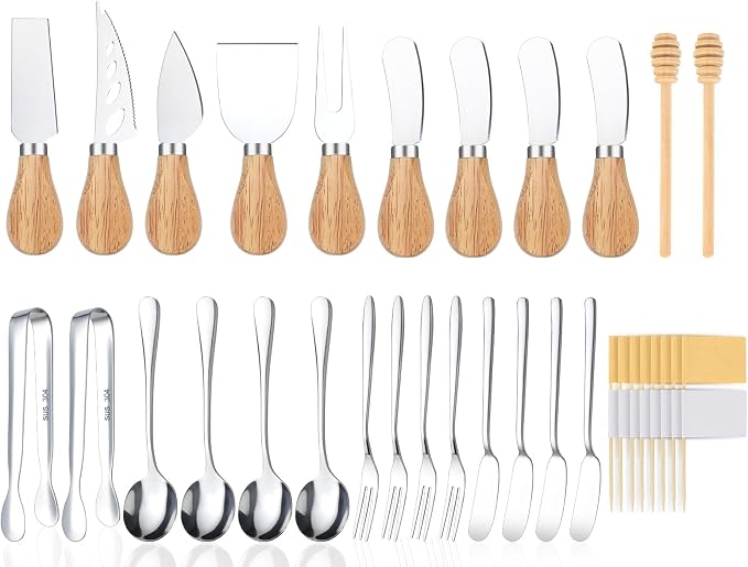 26 Pcs Charcuterie Boards Accessories, Cheese Knife Set with Wooden Handle, Service for 4 Charcuterie Utensils Include Mini Cheese Spreader Knives, Forks, Tongs, Spoons, Honey Dipper for Appetizers