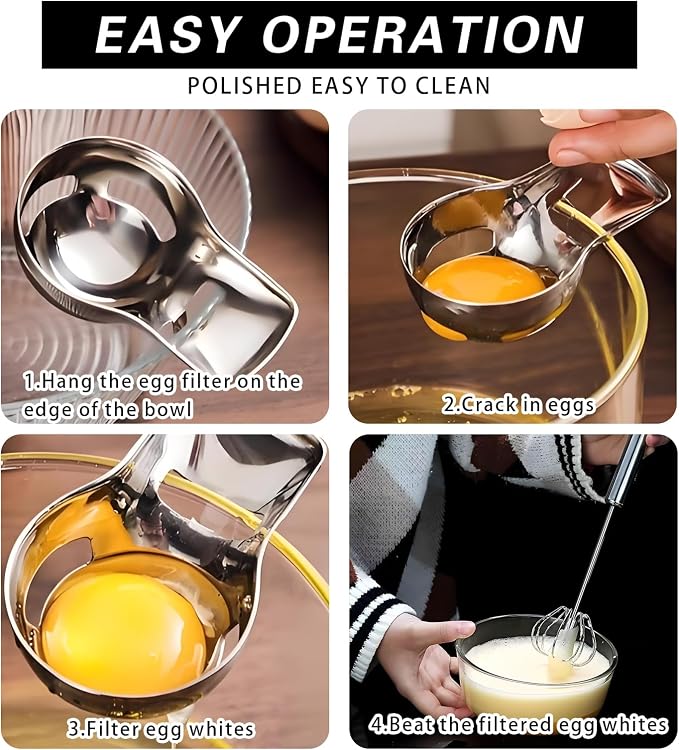 316L Stainless Steel Egg White Separator & Semi-Automatic Whisk Set - Hands-Free Clip Design, Corrosion-Resistant Kitchen Tools for Baking, Durable Egg Yolk Separator with Bowl Rest