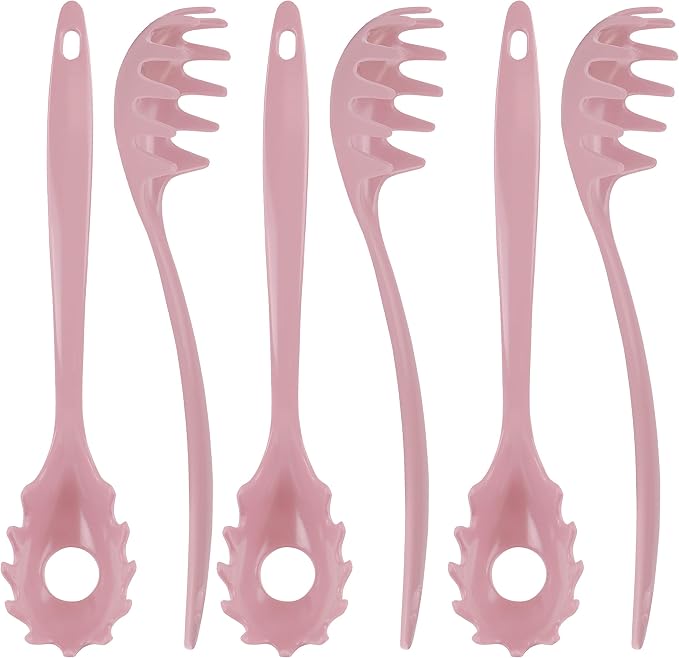 Spaghetti Spoon, Pasta Server, Fork with Ergonomic Handle, Heat Resistant, BPA Free,11.5 inch Melamine Utensil by Reston Lloyd, 6 piece set, Pink