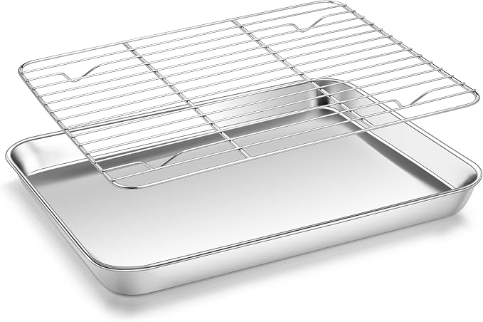 Homikit Quarter Sheet Pan with Wire Cooling Rack (1 Pan+1 Rack), Nonstick | 10x12 Inch Stainless Steel Baking Sheet with Rack, Small Cookie Pans for Toaster Oven, Metal Bacon Tray Dishwasher Safe
