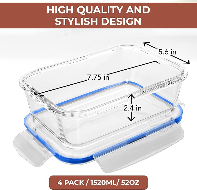 Razab 6.5 Cups / 52 Oz 4 Piece (2 Containers + 2 Lids) Glass Food Storage Containers Set with Airtight Locking Lids - For Storing, Baking & Serving BPA Free, Leakproof - Microwave, Freezer & Oven Safe