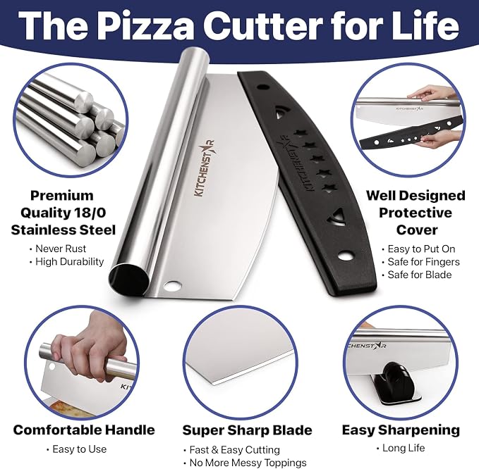 14-Inch Pizza Cutter Rocker Blade, 304 Stainless Steel Slicer Knife, Silver | Protective cover included, dishwasher safe, one-piece design, food-grade stainless steel, suitable for medium pizzas