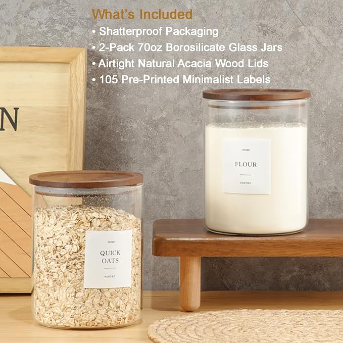 2 Pack Glass Containers with Acacia Lids, 70oz Pantry Airtight Storage Jars | Large Kitchen Canisters with 105 Labels, Pantry Food Storage Containers with Wood Lids for Pasta, Flour, Rice, Cereal