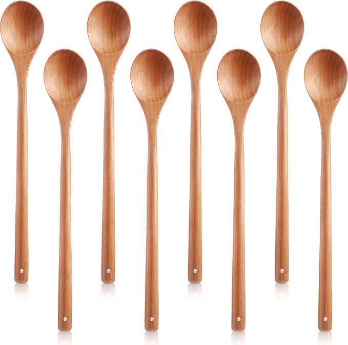 8 Pcs Wood Mixing Spoons, 13 Inch Long Handle Wooden Spoons for Mixing, Large Wooden Soup Spoon Utensil Set for Kitchen Stirring and Cooking, Sturdy and Lightweight(8 Pieces)