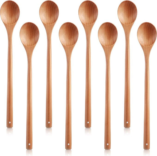 8 Pcs Wood Mixing Spoons, 13 Inch Long Handle Wooden Spoons for Mixing, Large Wooden Soup Spoon Utensil Set for Kitchen Stirring and Cooking, Sturdy and Lightweight(8 Pieces)