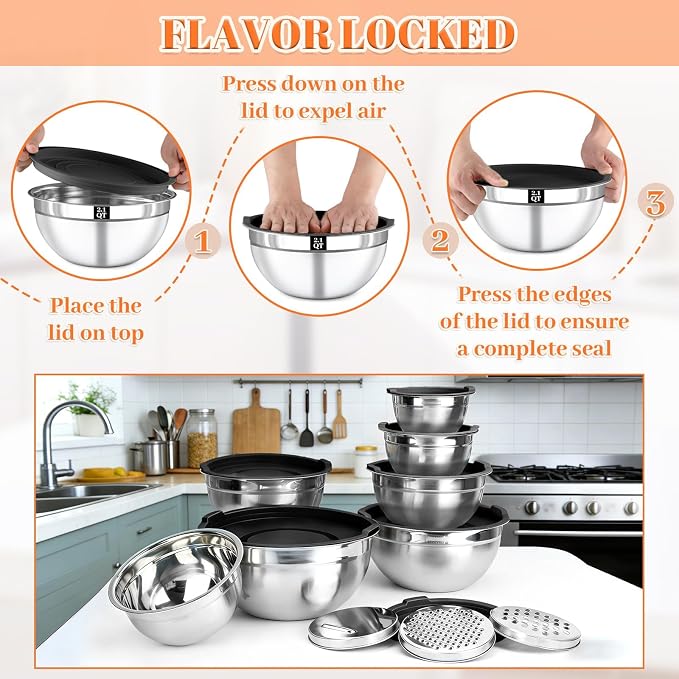 21PCS Mixing Bowls with Lids Set - 7 Nesting Mixing Bowls, 3 Graters, 11 Baking Tools, Lids, Stainless Steel Mixing Bowls for Mixing & Baking, Size 0.7/1.1/1.5/2.1/3.5/4/4.5 QT, Black