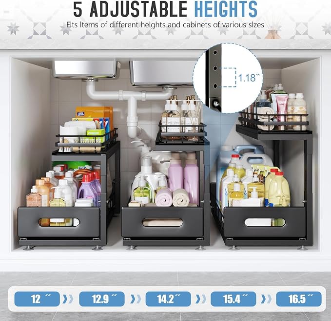 Under Sink Organizer Upgrade To Professional Rails,2-Tier Dual Pull Out Cabinet Storage,Height Adjustable Slide Out Drawers For Bathroom Kitchen,1 Pack-21"Dx12.8"-16.9"H,Black