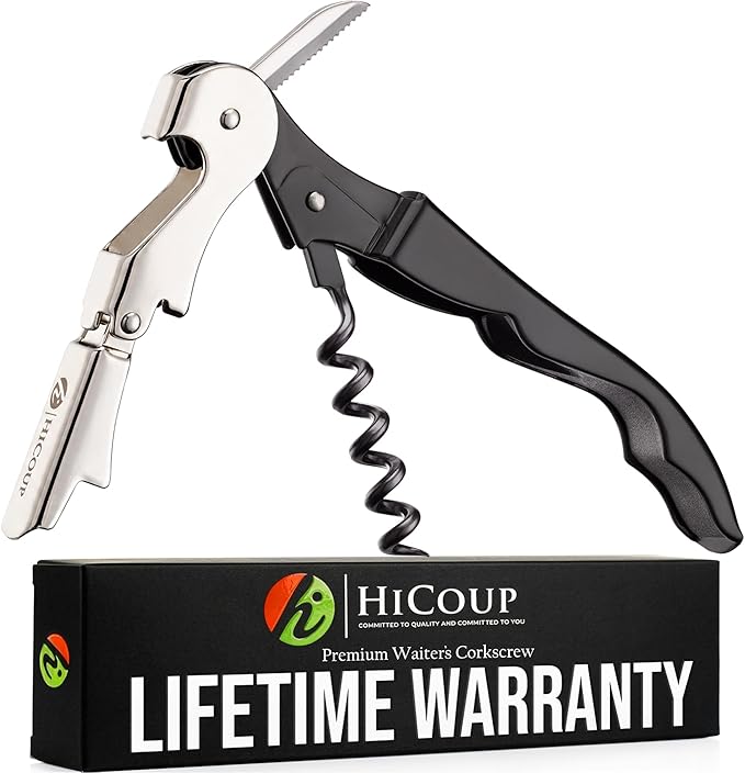 HiCoup Kitchenware Wine Opener - Professional Corkscrews for Wine Bottles w/Foil Cutter and Cap Remover - Manual Wine Key for Servers, Waiters, Bartenders and Home Use - Stainless Steel Black